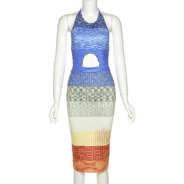 Women's Fashion Contrast Color Halter Backless Sexy Hollow Print Dress Women