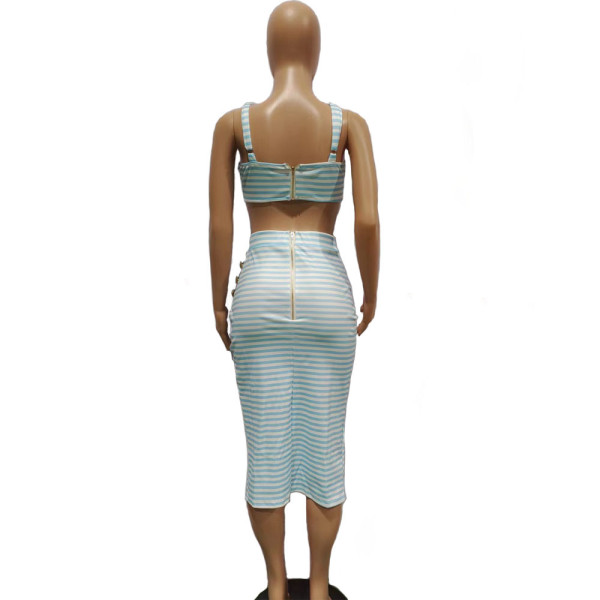 Sexy Ladies Zip Button Stripe Print Slim Fit Sling Dress