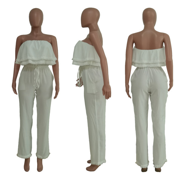 Women's Solid Color Sleeveless Casual Wrap Chest Ruffle Jumpsuit