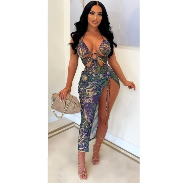 Sexy Ladies Print Tie Hoop Beachwear Two-Piece Set