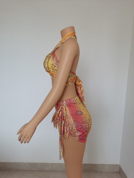 Women's Sexy Lace-Up Top Mini Printed Skirt 2-Piece Set