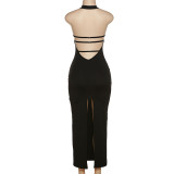 Women's fashion halter neck sexy backless slit bag hip slim dress