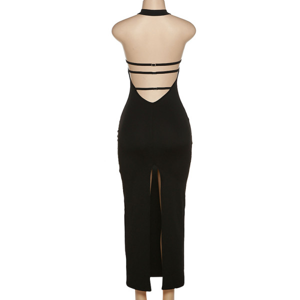 Women's fashion halter neck sexy backless slit bag hip slim dress