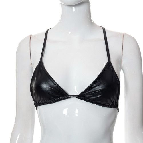 PU Leather Halter Strap Sexy Swimsuit Vest T-Shirt Top