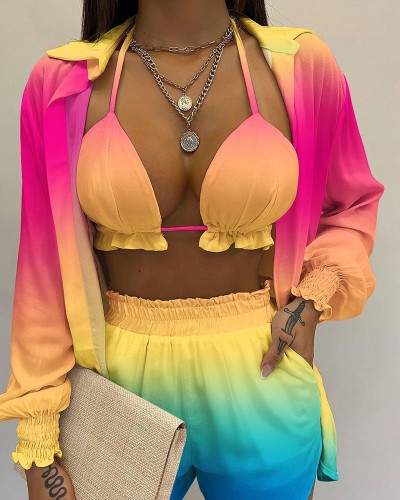 Three-piece tropical-print balloon-sleeve shirt and shorts set with crop top