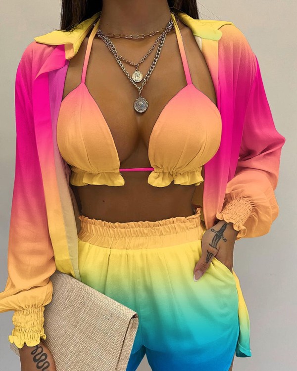 Three-piece tropical-print balloon-sleeve shirt and shorts set with crop top