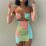 Mesh Panel Contrast Halter Long Sleeve Lace-Up Short Dress