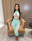Feminine hollow halter neck cross mesh stitching perspective three-piece female