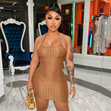 Solid Color Halter Tie Backless Mesh Sheer Short Dress