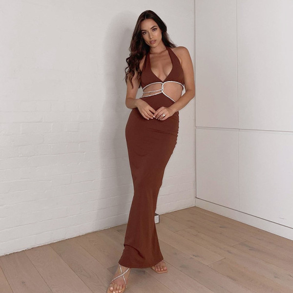 women's halter neck sleeveless navel-less backless kink hip dress