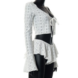 Graphic Tie Flared Long Sleeve Crop Swimsuit Hot Pants Set