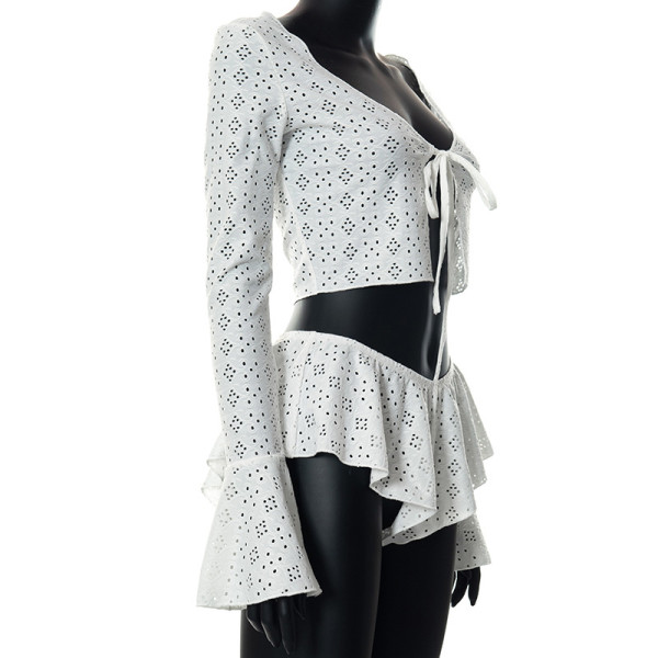 Graphic Tie Flared Long Sleeve Crop Swimsuit Hot Pants Set