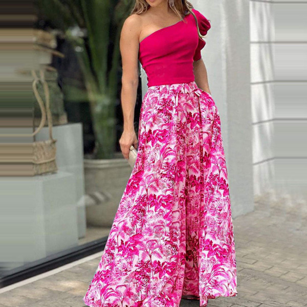 Two-piece set of personalized one-shoulder sleeve top + printed skirt