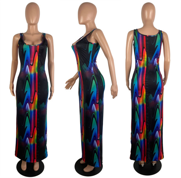 Sexy Ladies Summer Fashion Print Slim Fit Low Cut Sexy Long Dress