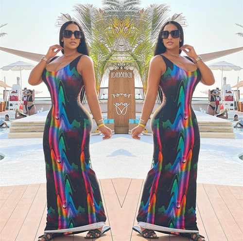 Sexy Ladies Summer Fashion Print Slim Fit Low Cut Sexy Long Dress