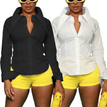 Women's New Solid Color Personality Long Neck Button Shirt Top