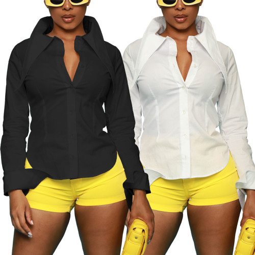 Women's New Solid Color Personality Long Neck Button Shirt Top