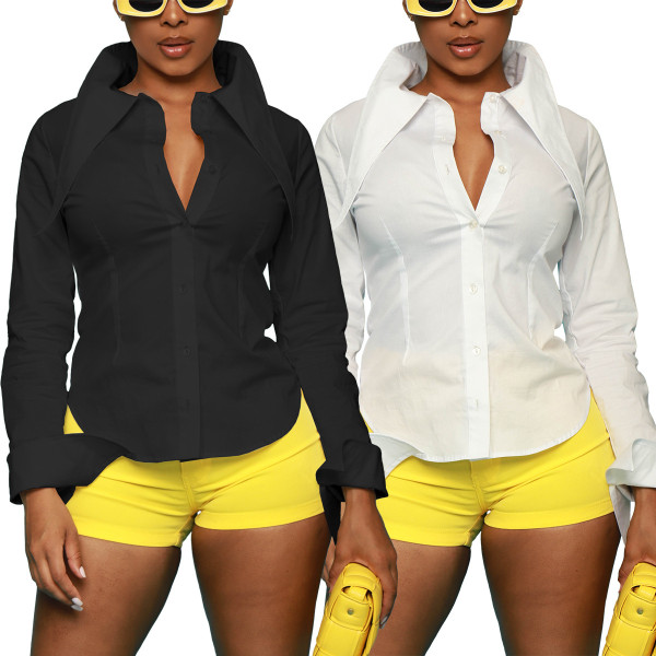 Women's New Solid Color Personality Long Neck Button Shirt Top