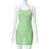 Solid Color Halter Tie Backless Mesh Sheer Short Dress