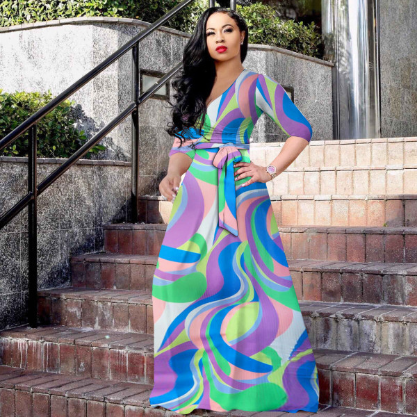 Women's Sexy V-Neck Beautifully Printed Plus Size Floor Length Dress