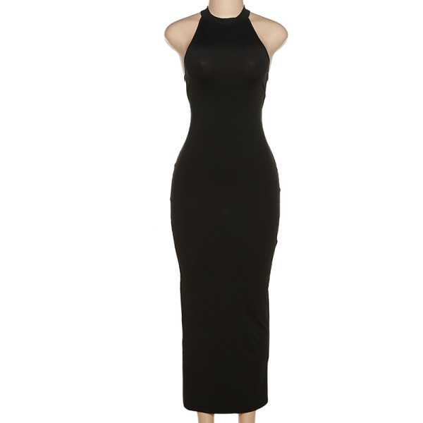 Women's fashion halter neck sexy backless slit bag hip slim dress