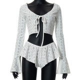 Graphic Tie Flared Long Sleeve Crop Swimsuit Hot Pants Set
