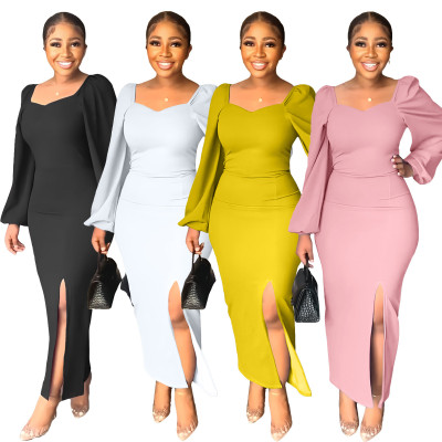 Women's Chiffon Sleeves Backless Zipper Sexy Hips Slit Dress