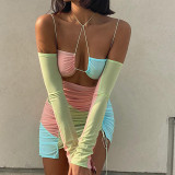 Mesh Panel Contrast Halter Long Sleeve Lace-Up Short Dress