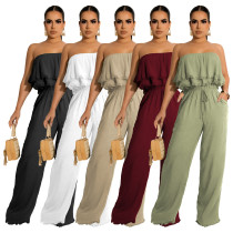 Women's Solid Color Sleeveless Casual Wrap Chest Ruffle Jumpsuit Women's Solid Color Sleeveless Casual Wrap Chest Ruffle Jumpsuit