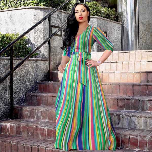 Women's Sexy V-Neck Beautifully Printed Plus Size Floor Length Dress