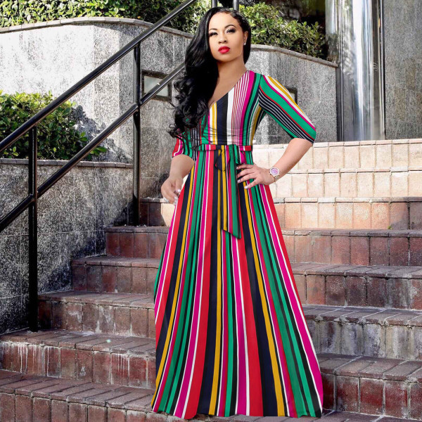Women's Sexy V-Neck Beautifully Printed Plus Size Floor Length Dress