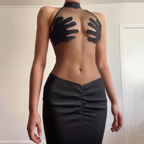 Women's Fashion Round Neck Sleeveless Sexy Perspective Slim Fit Hip Dress