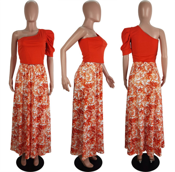 Two-piece set of personalized one-shoulder sleeve top + printed skirt