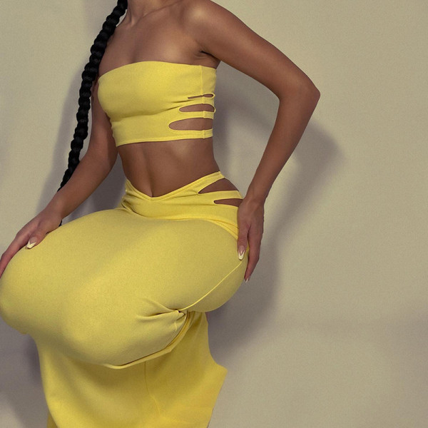 Solid color wrap chest hollow out navel sexy package hip dress suit