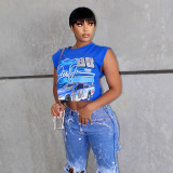 Digital Print Crew Neck Sleeveless Loose Casual Top T-Shirt