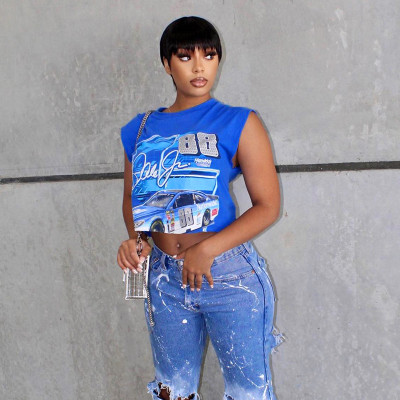 Digital Print Crew Neck Sleeveless Loose Casual Top T-Shirt