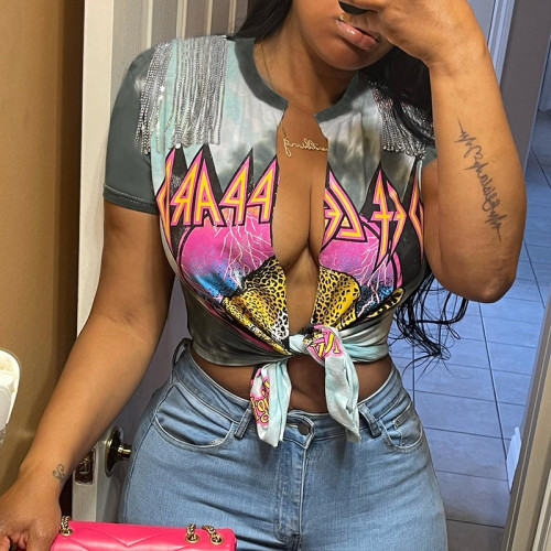 Printed Hip Hop Street Fringe Cardigan Short Sleeve T-Shirt