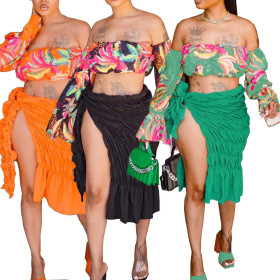 Casual off-the-shoulder sling print two-piece set
