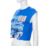 Digital Print Crew Neck Sleeveless Loose Casual Top T-Shirt