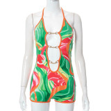 Printed Deep V String Hip Lifter Jumpsuit