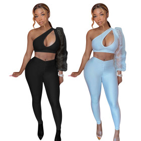 Casual Fashion Solid Color Perspective Puff Sleeve Off Shoulder Two-piece Women's Clothing