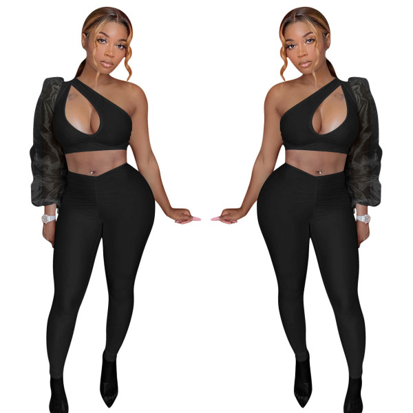 Casual Fashion Solid Color Perspective Puff Sleeve Off Shoulder Two-piece Women's Clothing