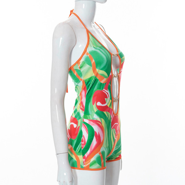 Printed Deep V String Hip Lifter Jumpsuit