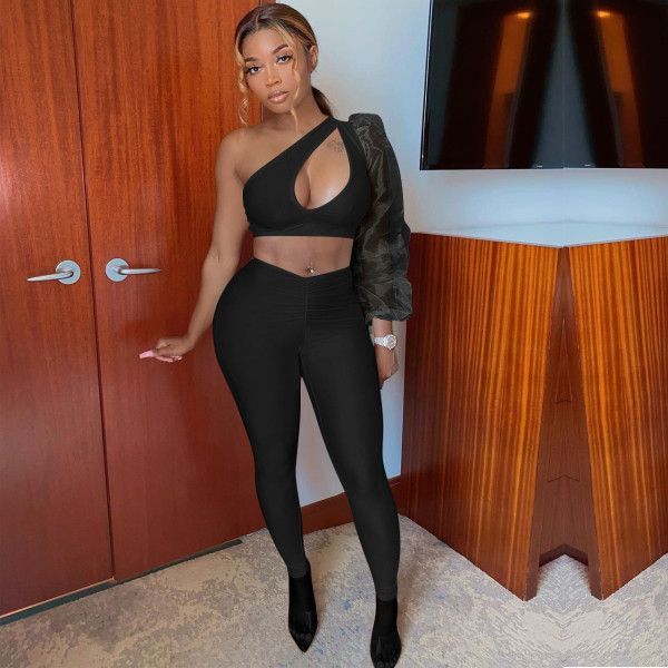 Casual Fashion Solid Color Perspective Puff Sleeve Off Shoulder Two-piece Women's Clothing
