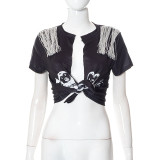 Printed Hip Hop Street Fringe Cardigan Short Sleeve T-Shirt