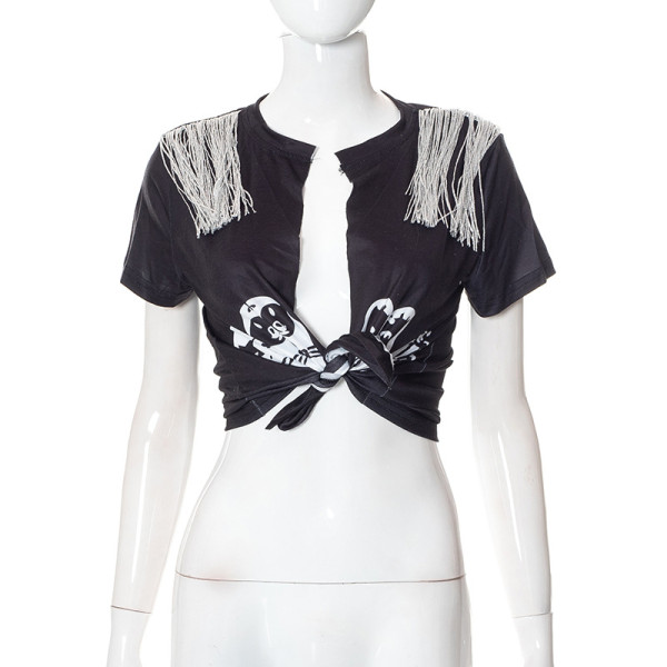 Printed Hip Hop Street Fringe Cardigan Short Sleeve T-Shirt