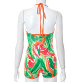 Printed Deep V String Hip Lifter Jumpsuit