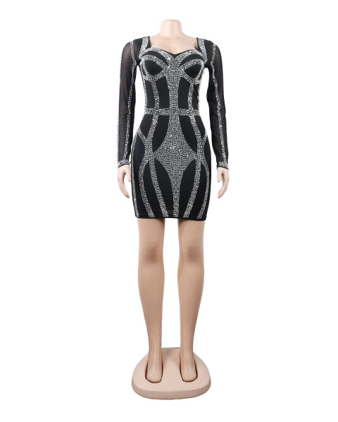 Sexy Wrap Chest Slim Fit Mesh Hot Diamond Dress Nightclub Dress