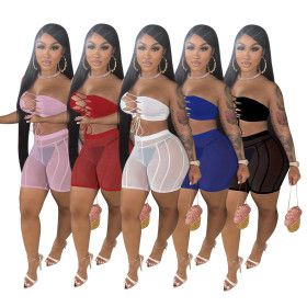 Sexy lace-up top hip-lifting mesh see-through mesh casual two-piece suit