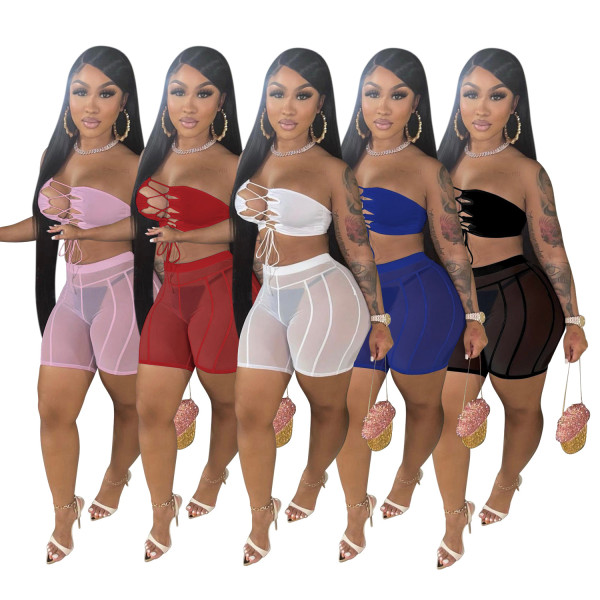 Sexy lace-up top hip-lifting mesh see-through mesh casual two-piece suit